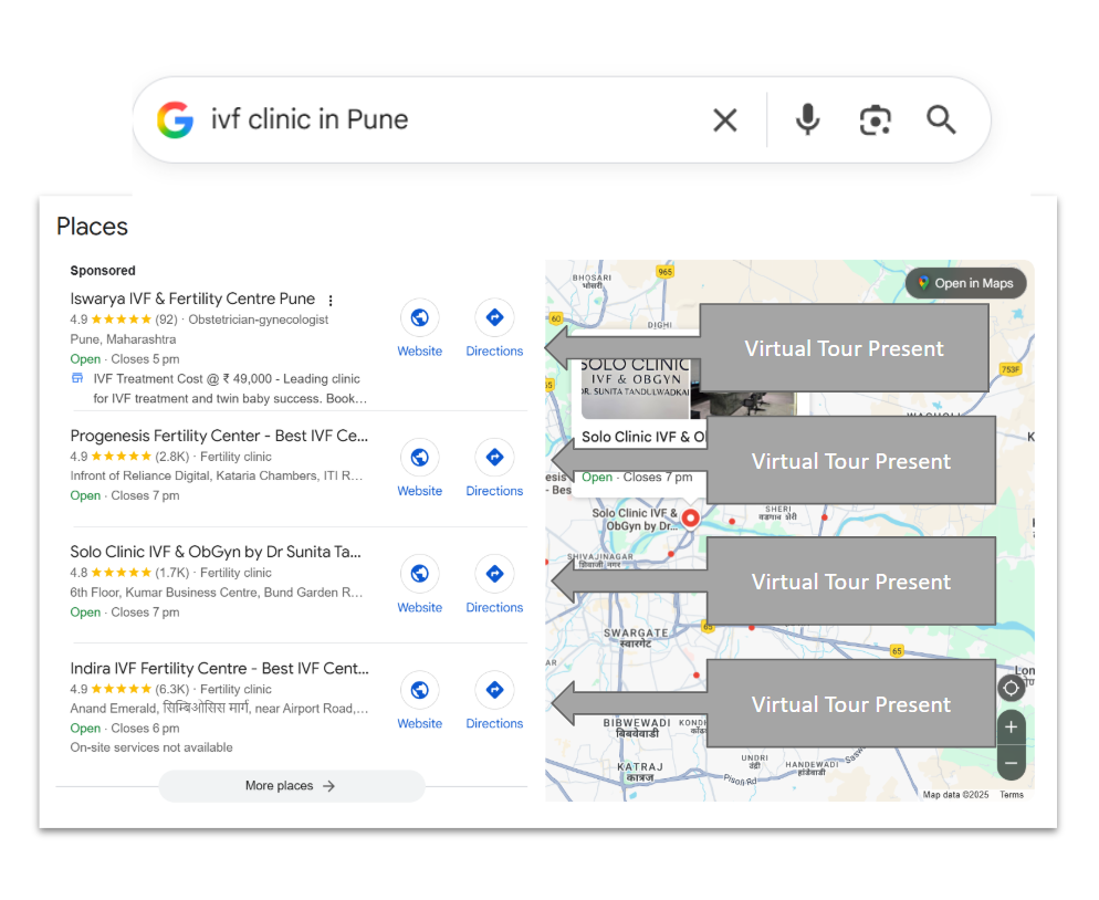Google search results for IVF Clinic in Pune showing clinics with Virtual Tours ranking on first page